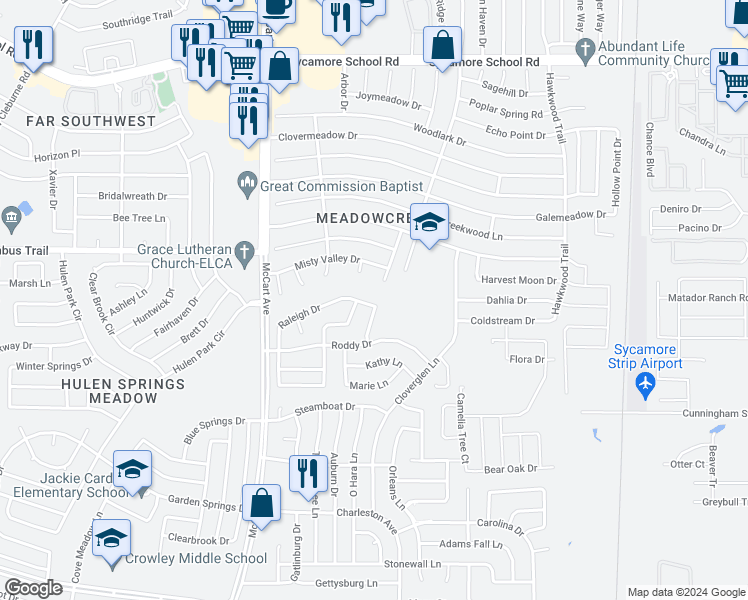 map of restaurants, bars, coffee shops, grocery stores, and more near 3268 Raleigh Drive in Fort Worth