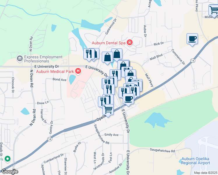 map of restaurants, bars, coffee shops, grocery stores, and more near 2085 East University Drive in Auburn