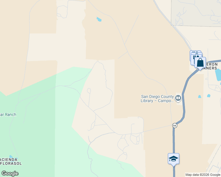 map of restaurants, bars, coffee shops, grocery stores, and more near 31322 Highway 94 in Campo
