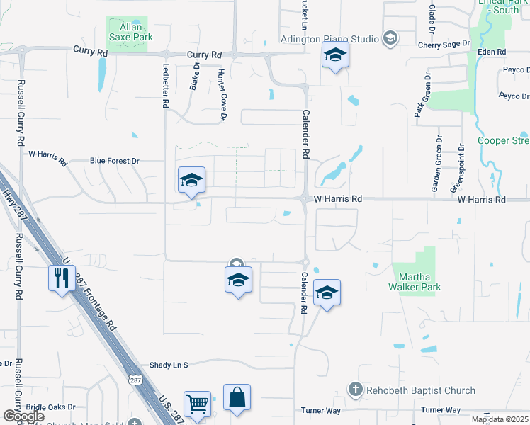map of restaurants, bars, coffee shops, grocery stores, and more near 2802 Twin Ridge Drive in Arlington