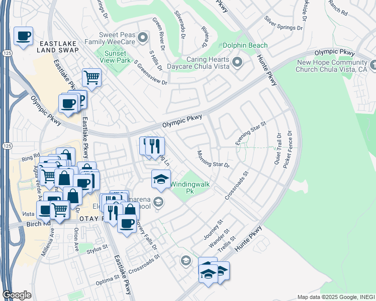 map of restaurants, bars, coffee shops, grocery stores, and more near 1586 Hopscotch Drive in Chula Vista