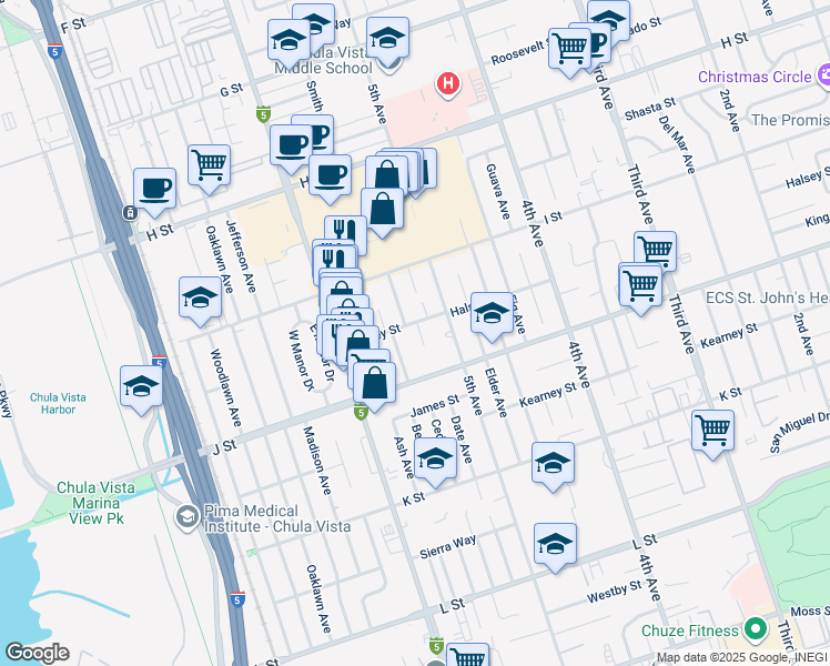 map of restaurants, bars, coffee shops, grocery stores, and more near 658 Cedar Avenue in Chula Vista
