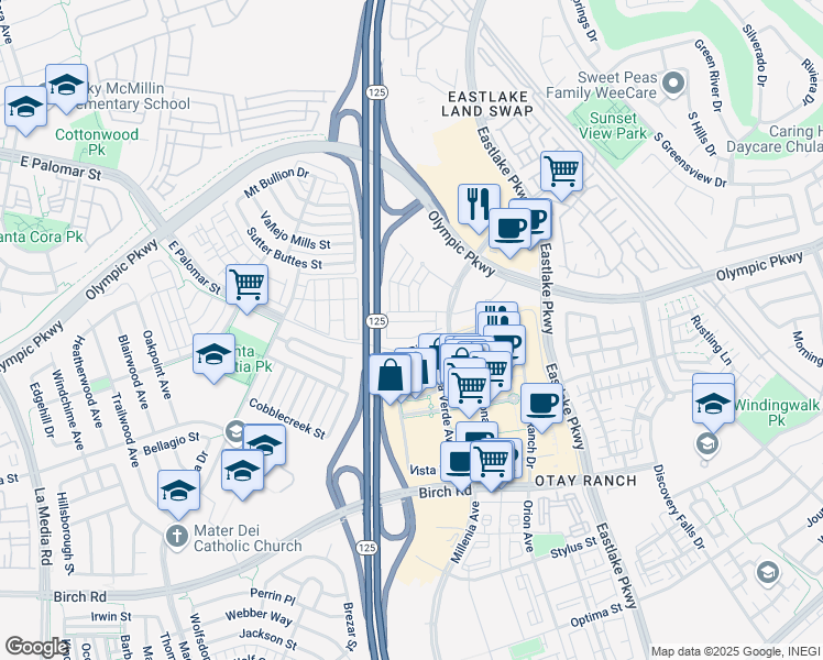 map of restaurants, bars, coffee shops, grocery stores, and more near 2054 Luzon Lane in Chula Vista