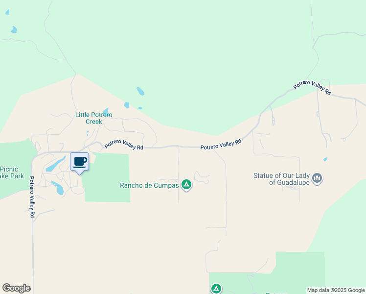 map of restaurants, bars, coffee shops, grocery stores, and more near Potrero Valley Road in San Diego County