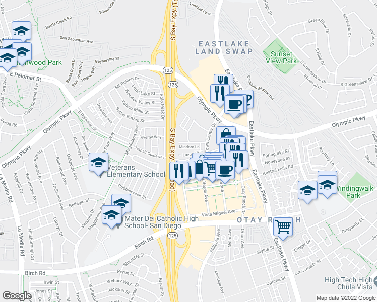 map of restaurants, bars, coffee shops, grocery stores, and more near 2040 Mindoro Lane in Chula Vista