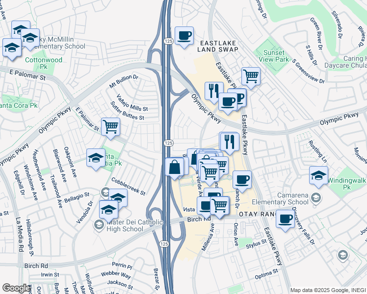 map of restaurants, bars, coffee shops, grocery stores, and more near 2044 Luzon Lane in Chula Vista