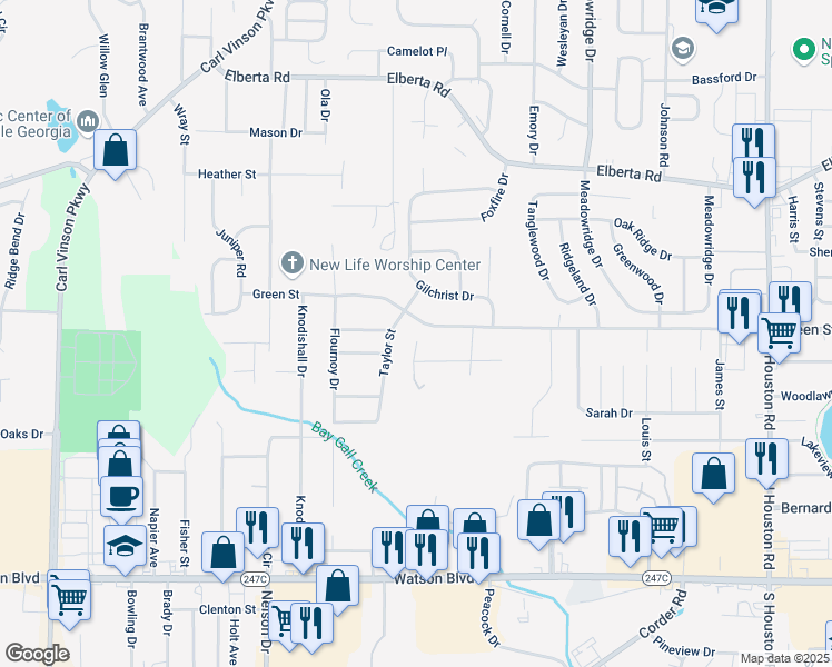 map of restaurants, bars, coffee shops, grocery stores, and more near 106 Meadow Glen Court in Warner Robins