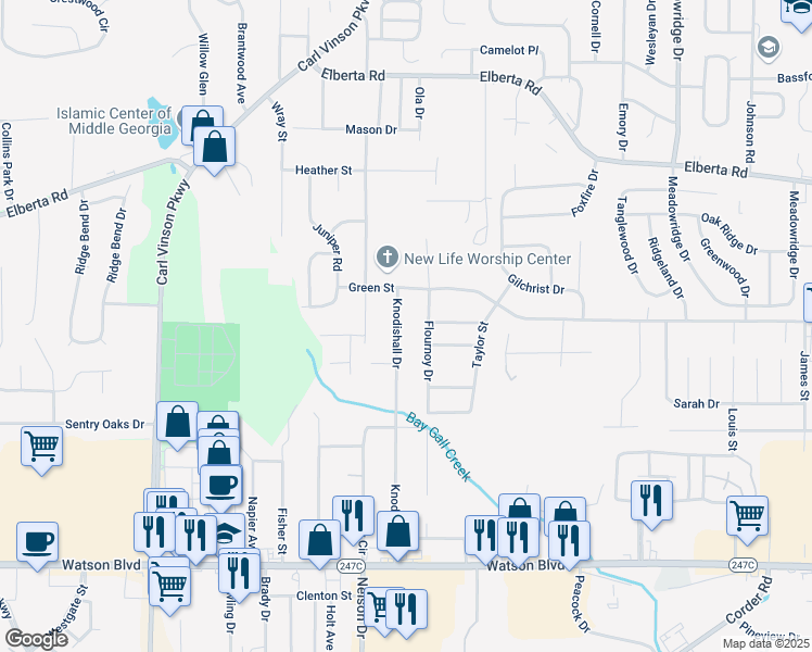 map of restaurants, bars, coffee shops, grocery stores, and more near 408 Knodishall Drive in Warner Robins
