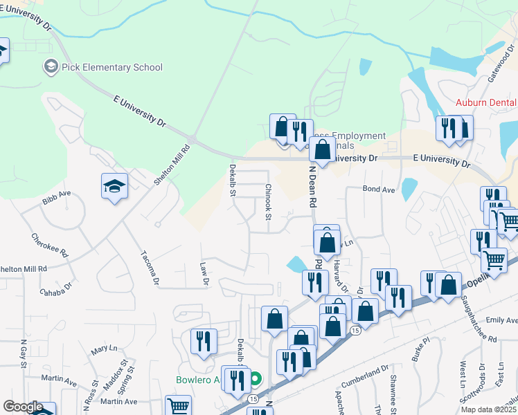 map of restaurants, bars, coffee shops, grocery stores, and more near 1043 Cornstalk Lane in Auburn