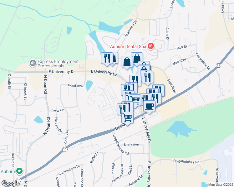 map of restaurants, bars, coffee shops, grocery stores, and more near 1124 Runningvine Lane in Auburn