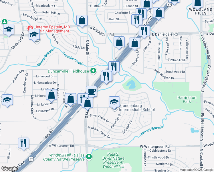 map of restaurants, bars, coffee shops, grocery stores, and more near 150 East Highway 67 in Duncanville