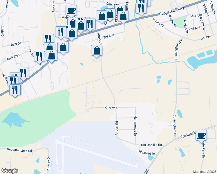 map of restaurants, bars, coffee shops, grocery stores, and more near 2117-2299 Airport Road in Opelika