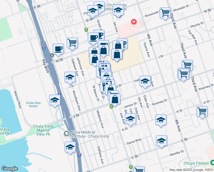 map of restaurants, bars, coffee shops, grocery stores, and more near 634 Ash Avenue in Chula Vista