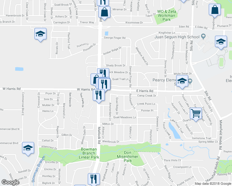 map of restaurants, bars, coffee shops, grocery stores, and more near 209 Camp Creek Drive in Arlington