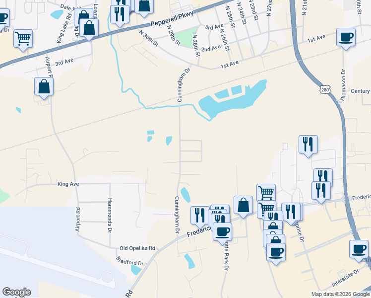 map of restaurants, bars, coffee shops, grocery stores, and more near 2710 Youngwood Lane in Opelika