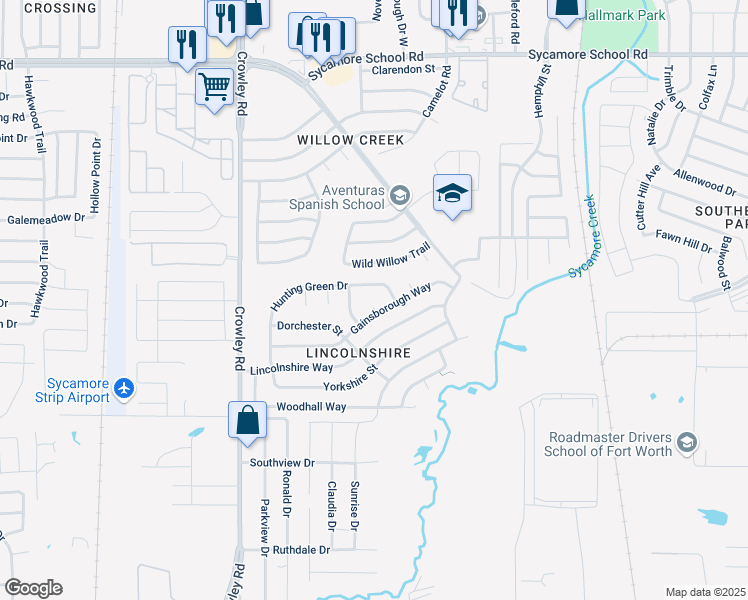 map of restaurants, bars, coffee shops, grocery stores, and more near 9001 Willoughby Court in Fort Worth
