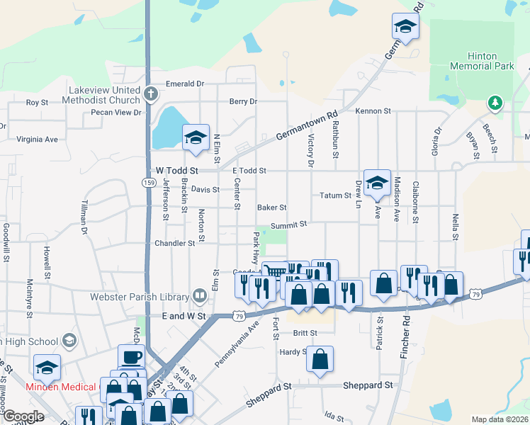 map of restaurants, bars, coffee shops, grocery stores, and more near 902 Park Highway in Minden