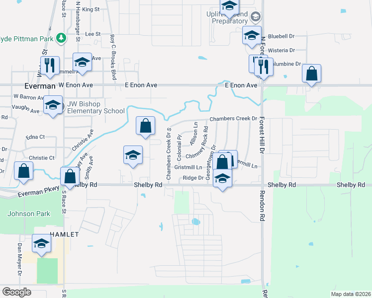 map of restaurants, bars, coffee shops, grocery stores, and more near 509 Allison Lane in Everman