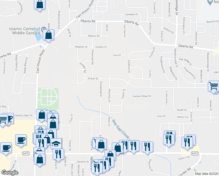map of restaurants, bars, coffee shops, grocery stores, and more near 298 Debbie Drive in Warner Robins