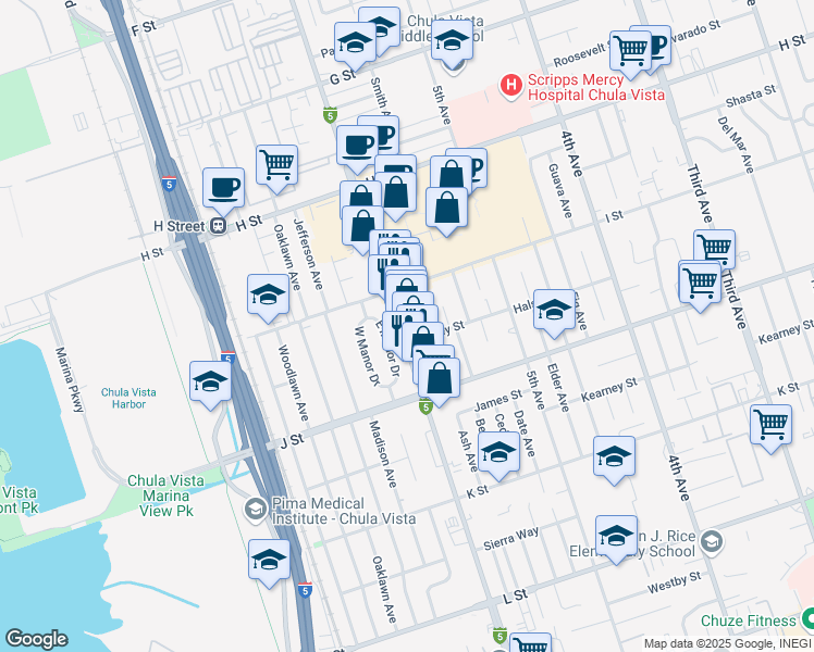 map of restaurants, bars, coffee shops, grocery stores, and more near 535 Woodlawn Avenue in Chula Vista