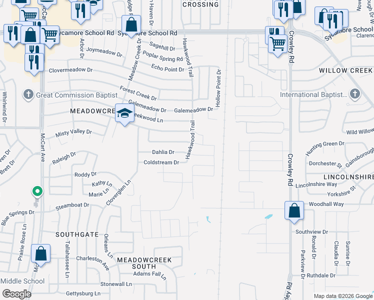 map of restaurants, bars, coffee shops, grocery stores, and more near 2500 Dahlia Drive in Fort Worth