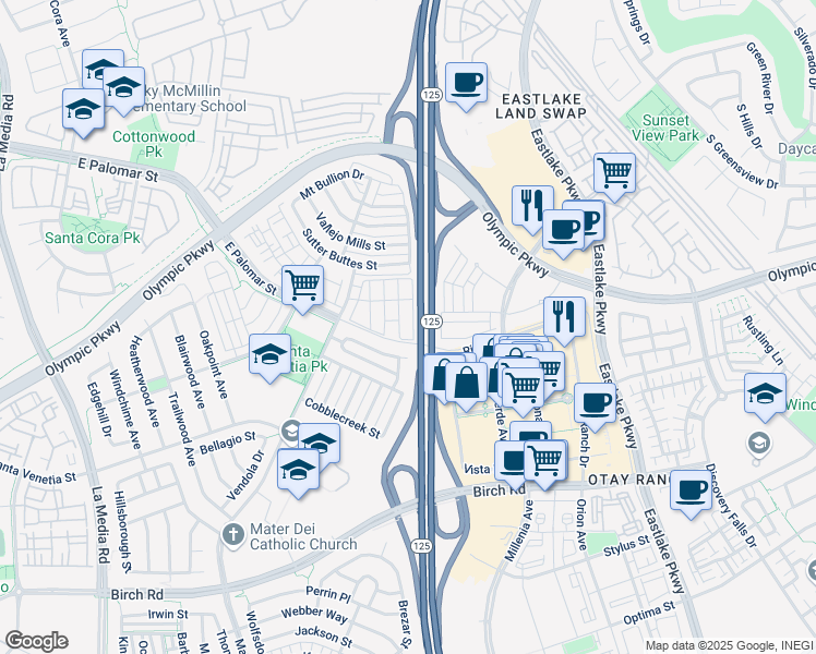 map of restaurants, bars, coffee shops, grocery stores, and more near 1476 Canvas Drive in Chula Vista