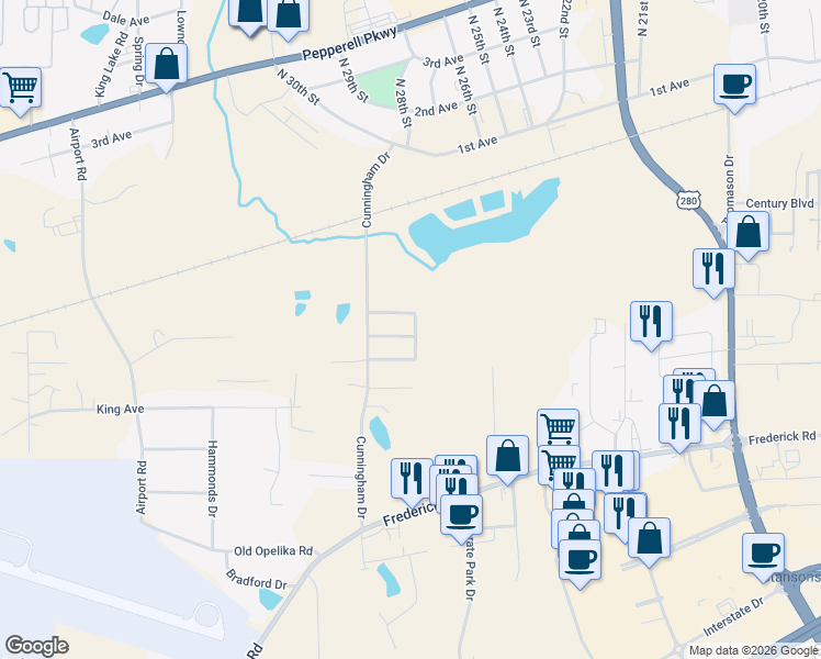 map of restaurants, bars, coffee shops, grocery stores, and more near 2700 Youngwood Lane in Opelika