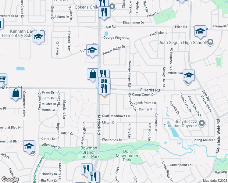 map of restaurants, bars, coffee shops, grocery stores, and more near 209 Camp Creek Drive in Arlington