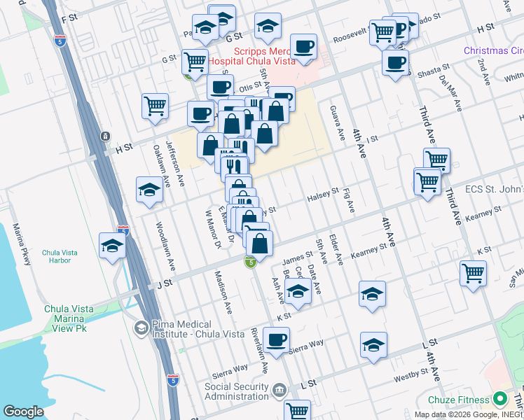 map of restaurants, bars, coffee shops, grocery stores, and more near 644 Beech Avenue in Chula Vista