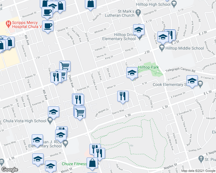 map of restaurants, bars, coffee shops, grocery stores, and more near 189 Millan Street in Chula Vista