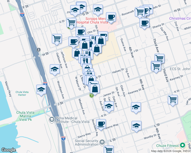 map of restaurants, bars, coffee shops, grocery stores, and more near 644 Beech Avenue in Chula Vista