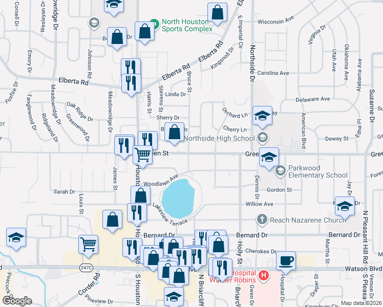 map of restaurants, bars, coffee shops, grocery stores, and more near 1128 Green Street in Warner Robins