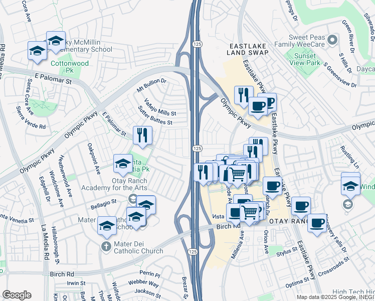 map of restaurants, bars, coffee shops, grocery stores, and more near 1476 Canvas Drive in Chula Vista