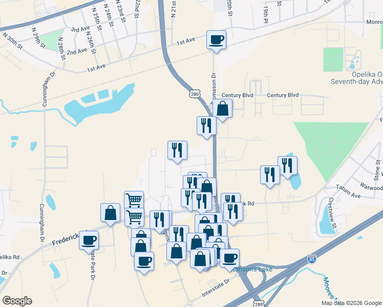 map of restaurants, bars, coffee shops, grocery stores, and more near 2118 Hamilton Place North in Opelika