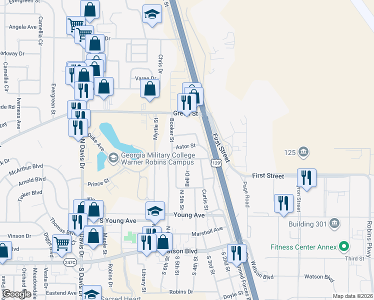 map of restaurants, bars, coffee shops, grocery stores, and more near 109 Astor Street in Warner Robins