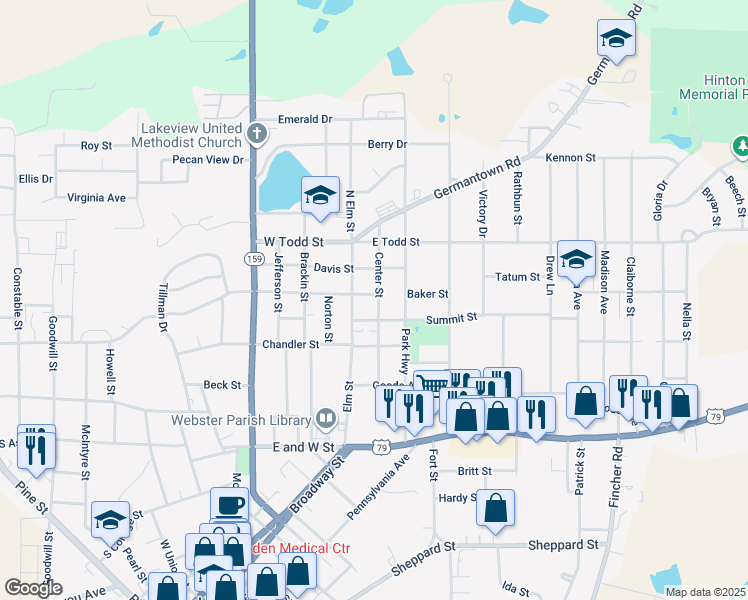 map of restaurants, bars, coffee shops, grocery stores, and more near 903 Center Street in Minden