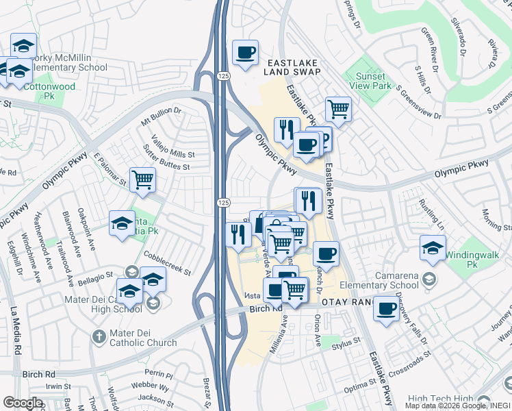 map of restaurants, bars, coffee shops, grocery stores, and more near 1455 Banahaw Way in Chula Vista