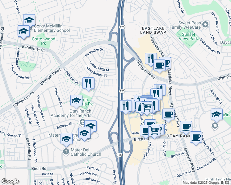 map of restaurants, bars, coffee shops, grocery stores, and more near 1476 Canvas Drive in Chula Vista