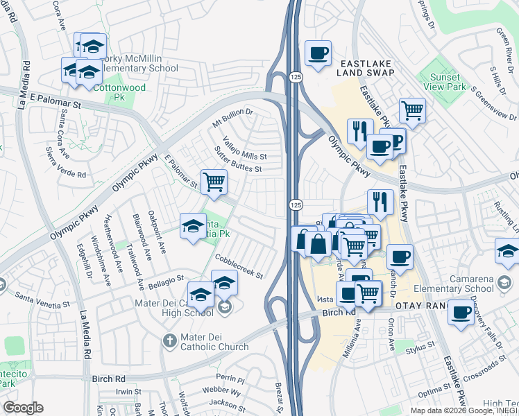 map of restaurants, bars, coffee shops, grocery stores, and more near 1458 Trouville Lane in Chula Vista