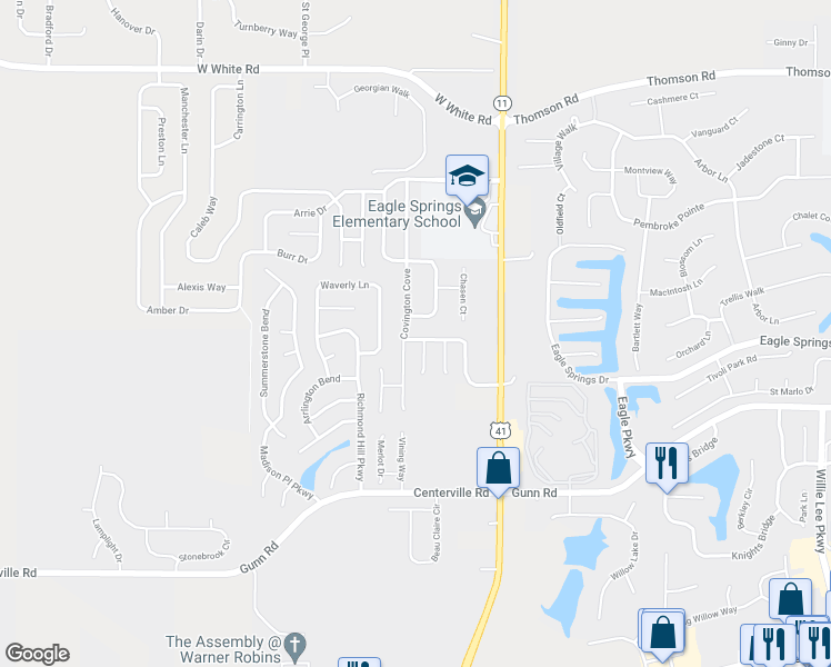 map of restaurants, bars, coffee shops, grocery stores, and more near 303 Monticello Drive in Byron