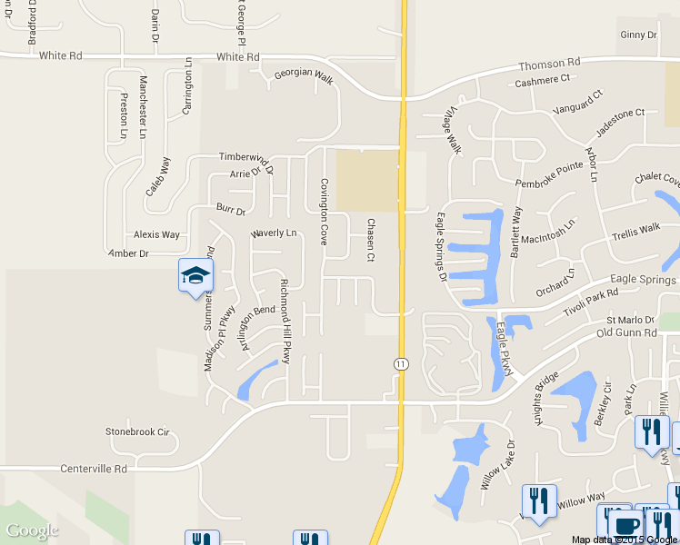 map of restaurants, bars, coffee shops, grocery stores, and more near 207 Monticello Dr in Byron