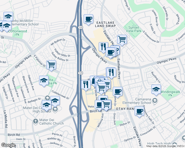 map of restaurants, bars, coffee shops, grocery stores, and more near 1455 Banahaw Way in Chula Vista