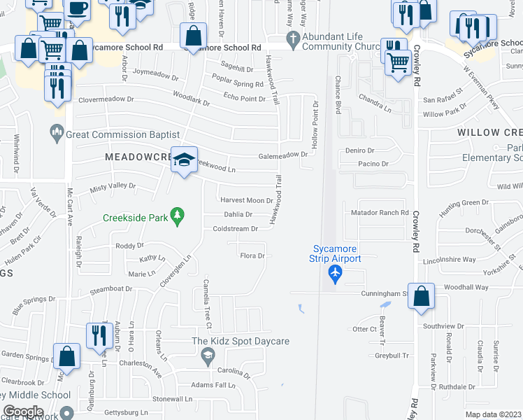 map of restaurants, bars, coffee shops, grocery stores, and more near 2512 Dahlia Drive in Fort Worth