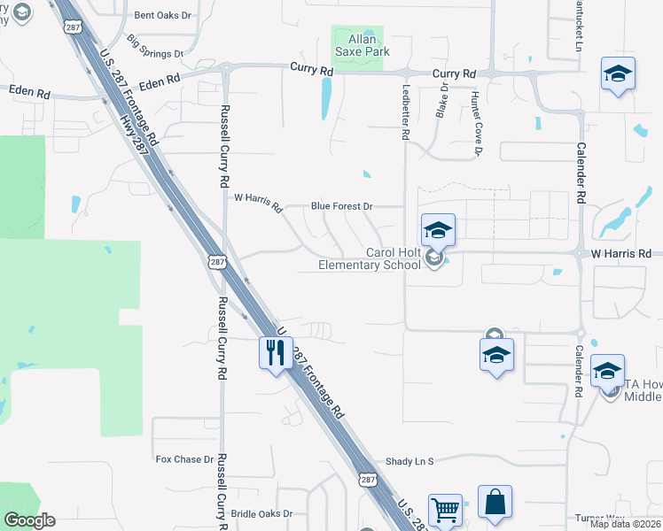 map of restaurants, bars, coffee shops, grocery stores, and more near 3603 Vista Chase Court in Arlington