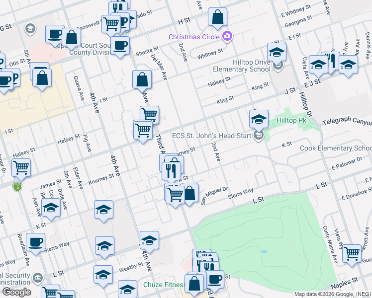 map of restaurants, bars, coffee shops, grocery stores, and more near 744 Del Mar Avenue in Chula Vista