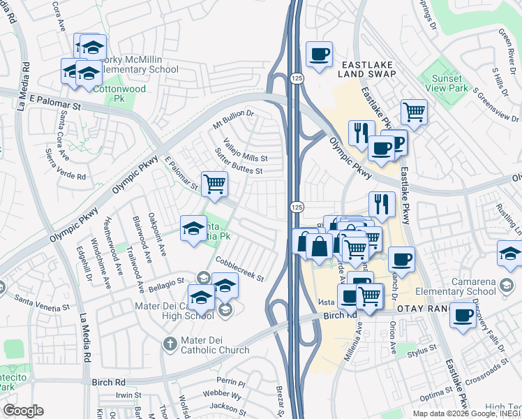 map of restaurants, bars, coffee shops, grocery stores, and more near 1458 Trouville Lane in Chula Vista