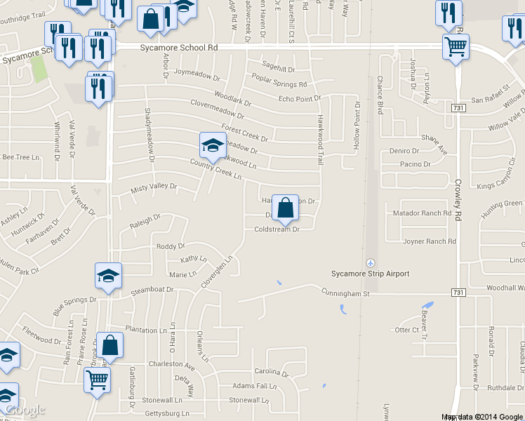 map of restaurants, bars, coffee shops, grocery stores, and more near 2624 Dahlia Drive in Fort Worth