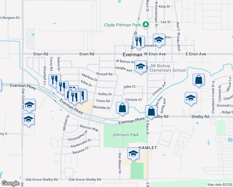 map of restaurants, bars, coffee shops, grocery stores, and more near 437 Russell Rd in Everman