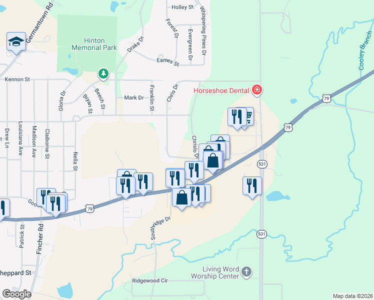 map of restaurants, bars, coffee shops, grocery stores, and more near 144 Chrislo Drive in Minden