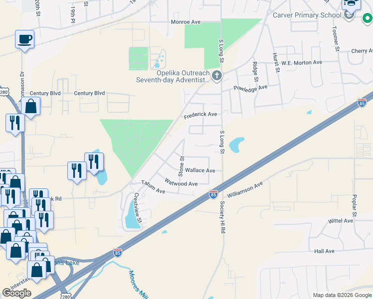 map of restaurants, bars, coffee shops, grocery stores, and more near 1100-1198 Chandler Avenue in Opelika